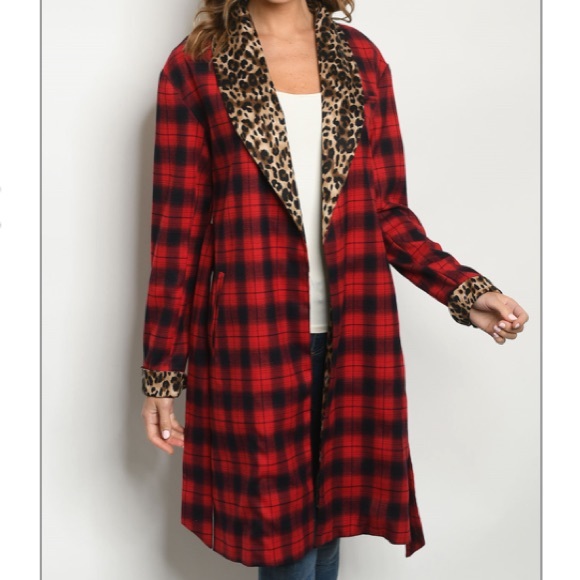 Hera Collection Jackets & Blazers - Red and Black buffalo Plaid Cheetah-leopard print jacket with waist tie